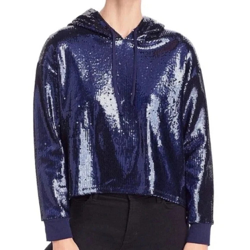 NWT CHASER Navy Blue All Over Sequin High Low Hoodie Pullover Sweatshirt Size XS